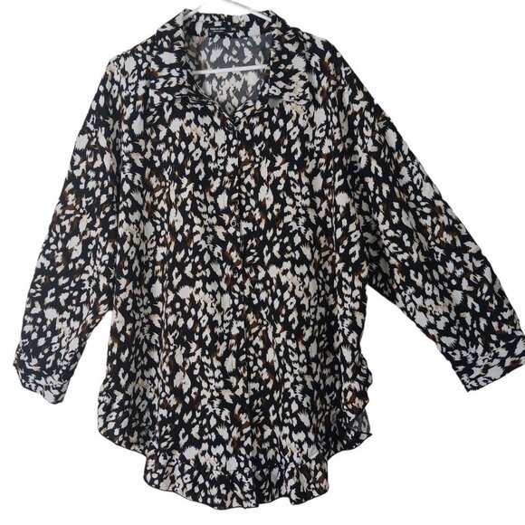 Shein Curve Womans Button Front Shirt Long Sleeve Ruffled Hem Size 3XL Black - Picture 1 of 7